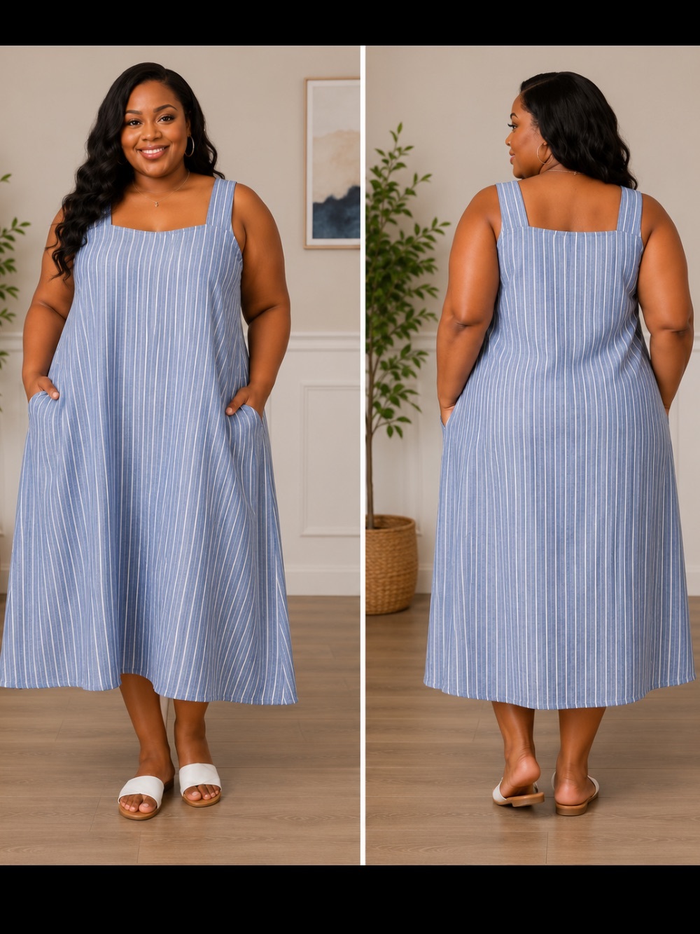 Blue Striped Sleeveless Midi Dress - Casual Summer